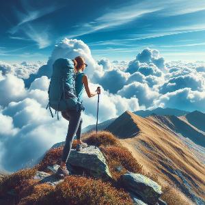 female backpacker hiking up a mountain on blue sky with puffy white clouds-3